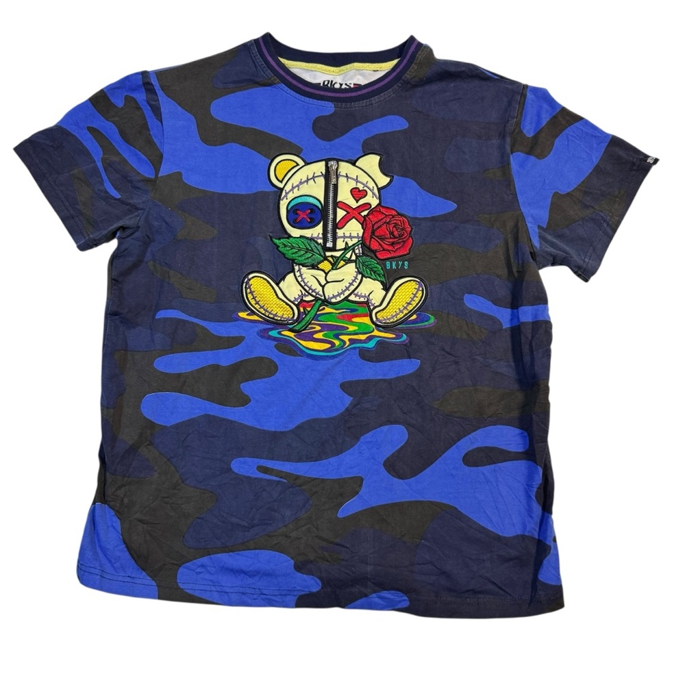 BKYS Zipper Love Bear T-Shirt Blue and Black Camo Adult Large Streetwear Y2K